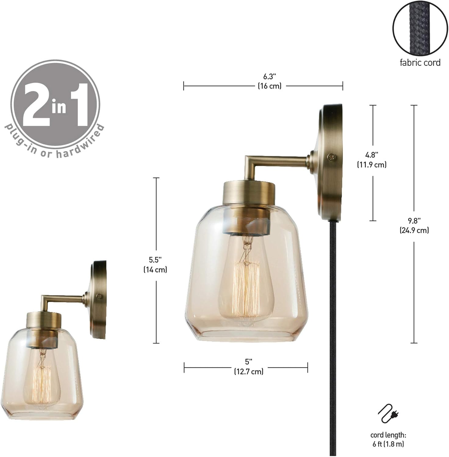 Globe Electric 1-Light Matte Brass Plug-in or Hardwire Wall Sconce with Smoked Amber Glass Shade and in-Line On/Off Switch